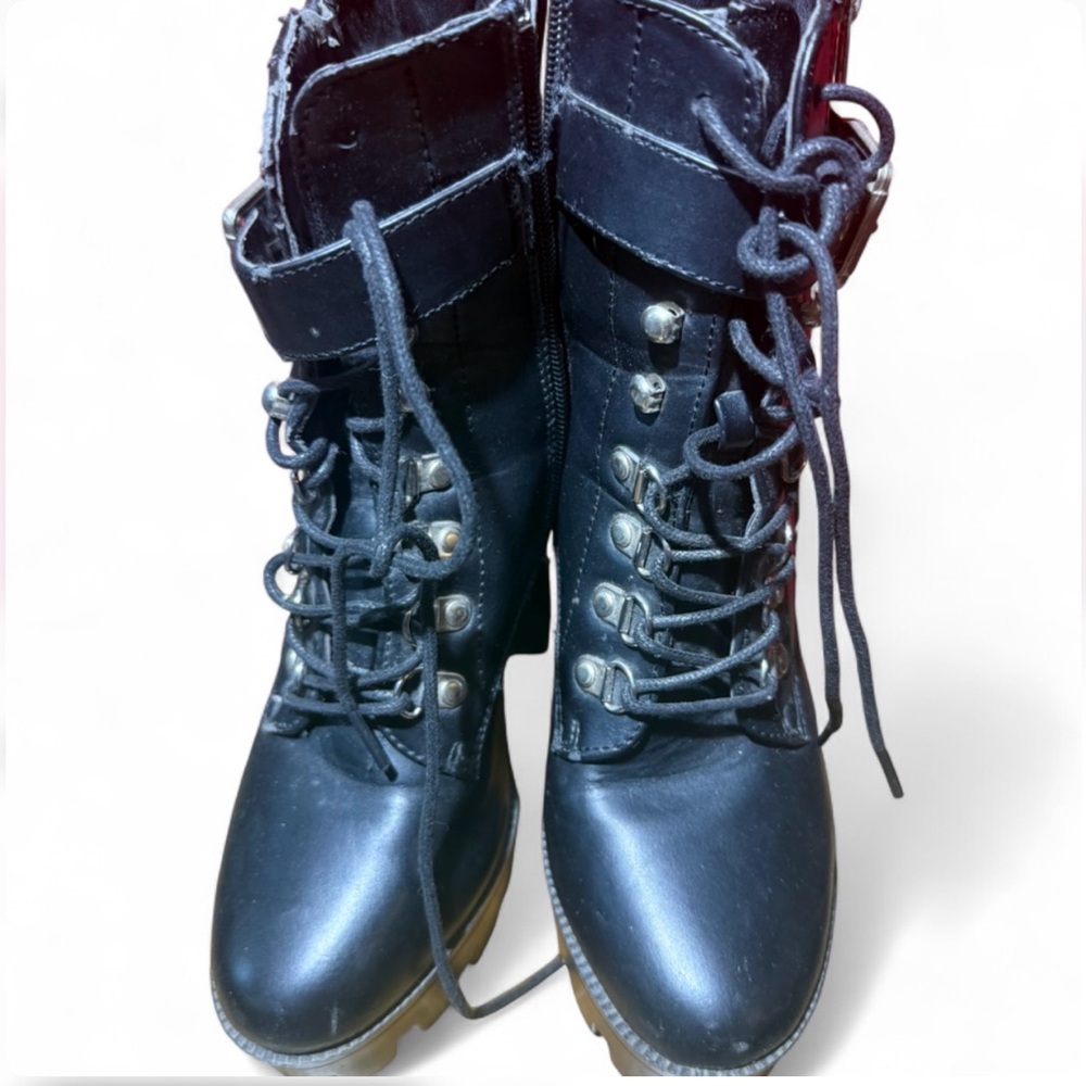 Black Platform Combat Boots Chunky Lug Sole Block Heel Lace Up Buckle – Sz 8